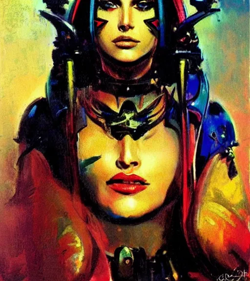 Image similar to portrait of strong iranian female chaos angel, beautiful! coherent! by frank frazetta, by brom, strong line, vivid neon color, shining metal power armor, iron helm, high contrast, maximalist