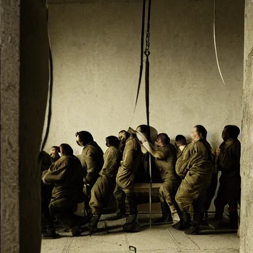 Prompt: prisoners hooked up to guillotines arranged as a spectator sport event, realistic photography, high detailed