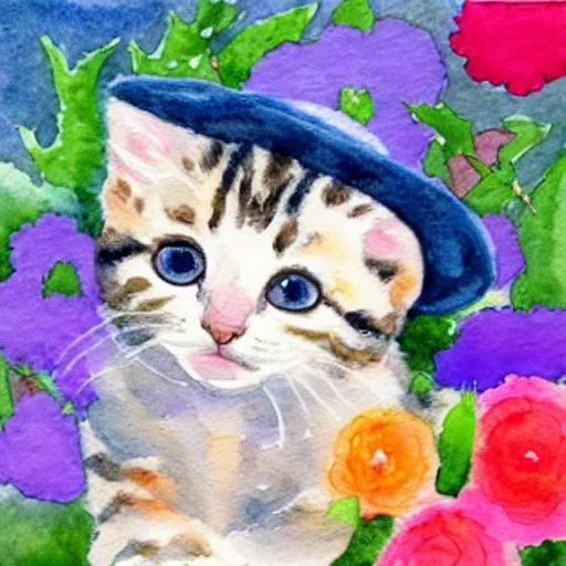 Prompt: a watercolor painting of a super cute kitten wearing a hat of flowers