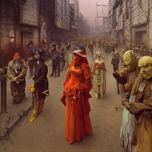 Image similar to portrait of parade of peasants in costumes in the art deco streets of the industrial Undying Empire city of ya-Don during the Festival of Masks, award-winning realistic sci-fi concept art by Beksinski, Bruegel, Greg Rutkowski, Alphonse Mucha, and Yoshitaka Amano