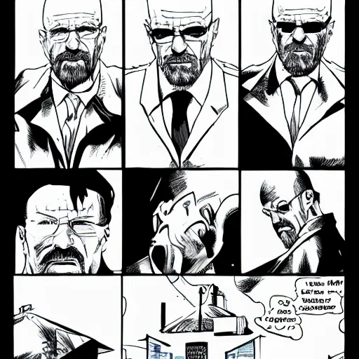 Prompt: Walter White comic book page, inked, superhero comic