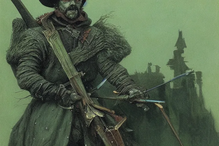 Prompt: 1 7 th century musketeer, dark fantasy, green, artstation, painted by zdzistaw beksinski and wayne barlowe