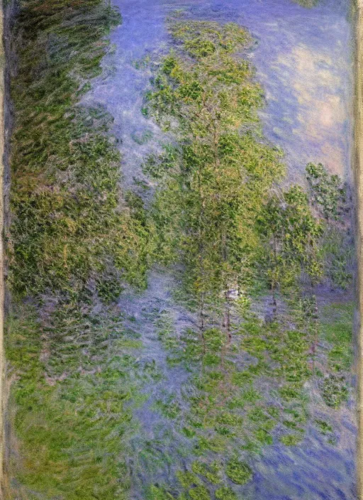 Image similar to trees growing from the ceiling of a dilapidated decaying building casting a reflection in water in the ground by claude monet