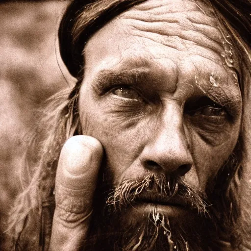 Prompt: portrait, extreme close up, sepia, beautiful light - randy savage, wet hair, stares at the camera, night sky, stars, bruce gilden, leica s, fuji 8 0 0, grainy, low light