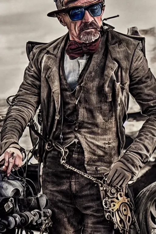 Prompt: steampunk walter white in mad max fury road