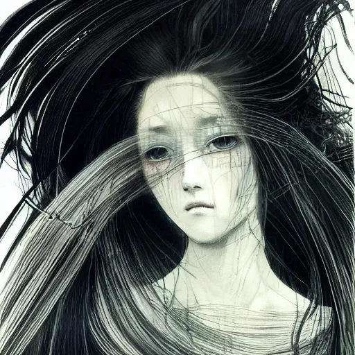 Prompt: Yoshitaka Amano blurred and dreamy illustration of an anime girl with wavy white hair fluttering in the wind and cracks on her face wearing light armor with engravings, background with abstract black and white patterns, noisy film grain effect, highly detailed, Renaissance oil painting, weird portrait angle, three quarter view