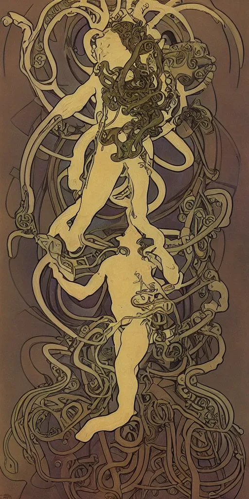 Image similar to eldritch astronaut with tentacle arms, by alphonse mucha, dynamic composition, dramatic lighting, hyper - realistic, ultra detailed, 8 k