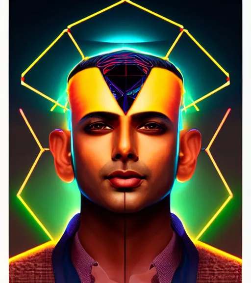 Image similar to symmetry!! indian prince of technology, solid cube of. light, hard edges, product render retro - futuristic poster scifi, lasers and neon circuits, brown skin handsome indian prince, intricate, elegant, highly detailed, digital painting, artstation, concept art, smooth, sharpfocus, illustration, dreamlike, art by artgerm