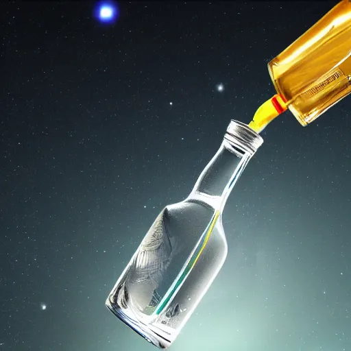 Image similar to A Vodka Bottle flying on the universe, 8K, Ultra Detailed, Very Impressive, smooth and sharp focus