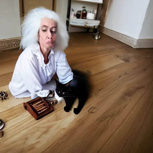 Image similar to a full body protrait beautifull witch with white hair in old room. A cristal ball on a wood table with a potions and old instruments. A cat on the floor licking his paw. photorealistic, profesional photo, by Steve McCurry