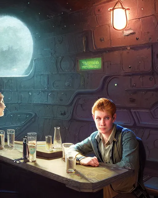 Prompt: medium - shot vislor turlough played by mark strickson at age 1 8, beautiful, thoughtful, with a sketchbook, at the alien space pub bar counter, android bartender, highly detailed, mood lighting, artstation, highly detailed digital painting, smooth, global illumination, fantasy art by greg rutkowsky, karl spitzweg, leyendecker