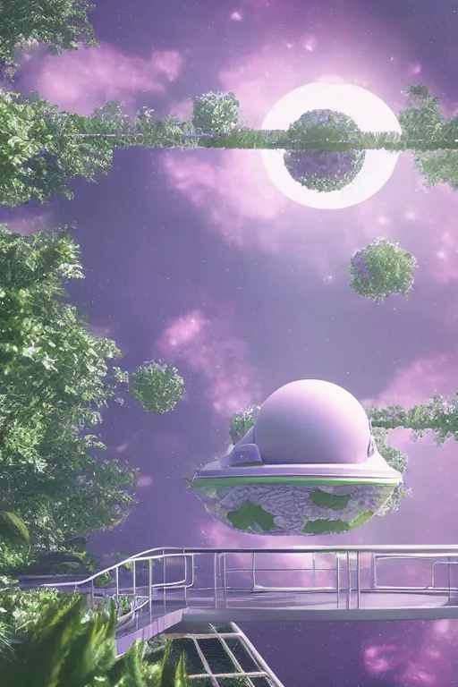 Image similar to multi level botanical garden spaceship floating in space, calm, tranquil, faded effect, detailed, vaporwave colors, render by substance designer