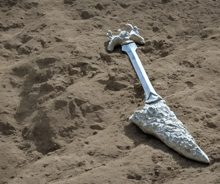 Image similar to a giant sword made from stone stuck in the earth, telephoto, high fantasy