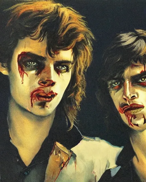 Prompt: two handsome but sinister young men wearing band shirts in layers of fear, with haunted eyes and wild hair, 1 9 7 0 s, seventies, wallpaper, a lot of blood, moonlight showing injuries, delicate embellishments, painterly, offset printing technique, by brom, robert henri, walter popp