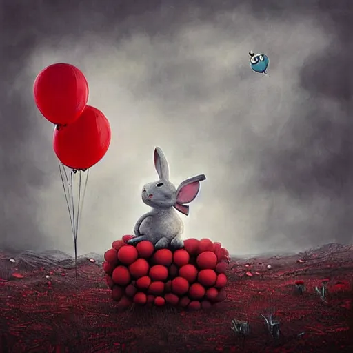 Image similar to surrealism grunge cartoon landscape painting of a cartoon bunny and a red balloon by - michal karcz, loony toons style, pennywise style, horror theme, detailed, elegant, intricate