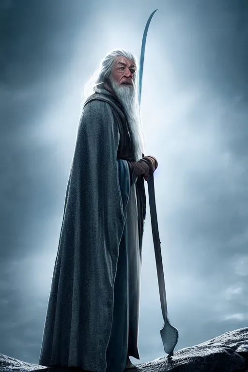 Image similar to film still of emma stone as gandalf in lord of the rings movie, glamour pose, dramatic lighting, octane, volumetric lighting, 8 k