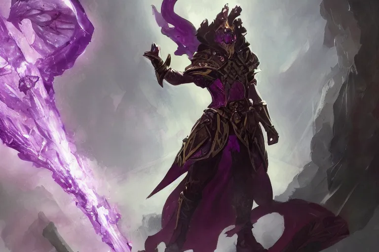 Image similar to a cleric gem with features of purple crystal dragon looking to the side, wearing cleric cloak, arms raised, a concept art in style of Greg Rutkowski, John Singer Sargant, painted by Frank Frazetta, trending on artstation