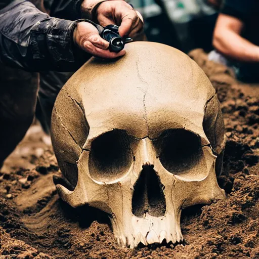 Image similar to photo of a giant skull being excavated in the middle of the city while the media gathers around it, trending on facebook, high definition, cinematic, 8 k