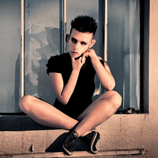 Prompt: a beautiful sleepy punk sit at a window, wearing crop top and torn short pants, pretty face, glamor shot, magnification, 8 k, lonely, accent lighting, de - noise, symmetrical face, hyper - realistic