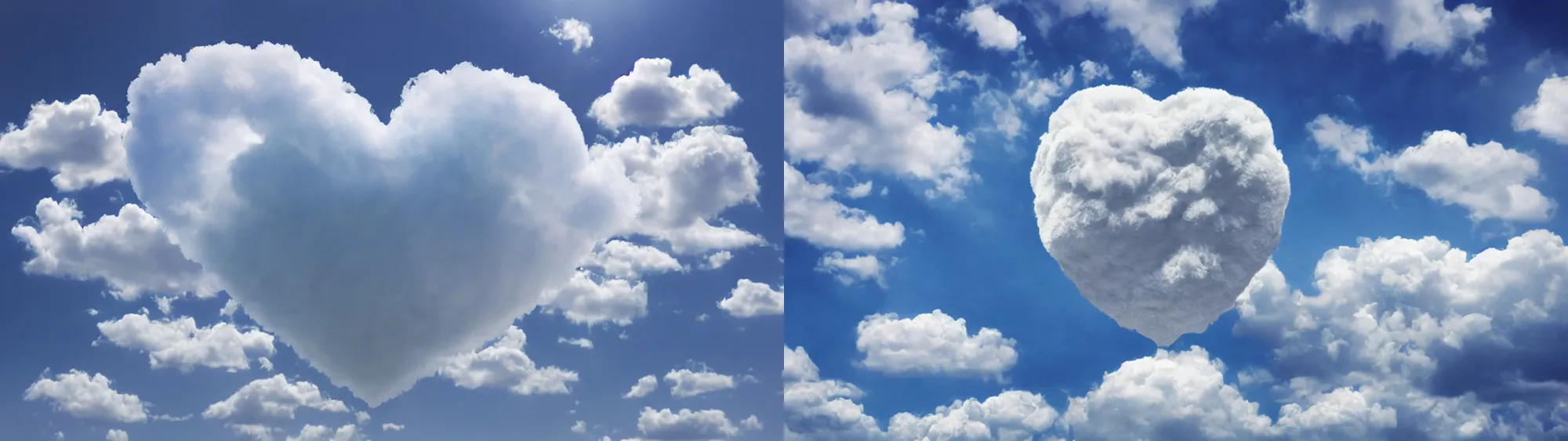 Image similar to huge cream fluffy soft cloud heart on blue clear sky, detailed, hyper realism, photo, realistic, soft volume absorbation, volume light, view up, diffused lights, ultra realism, cinematic, film