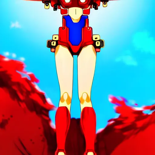 Image similar to digital anime art, very small cute girl standing on a large table, red mech arms and red mech legs,