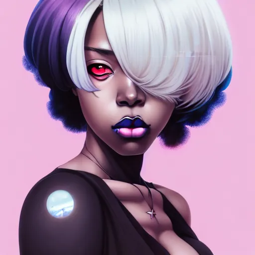 Prompt: portrait of a black anime manga girl, french bob hair, white hair, by artgerm, james jean, tom bagshaw, gerald brom, vaporwave colors, lofi colors, vaporwave, lofi, goth vibe, 4 k, smooth, hd, substance designer render, full body character concept art, symmetrical, 2 point lighting,