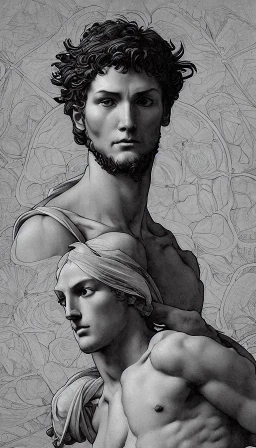 Image similar to Michelangelo\'s David, highly detailed, digital painting, artstation, concept art, smooth, sharp focus, illustration, ArtStation, art by artgerm and greg rutkowski and alphonse mucha and J. C. Leyendecker and Edmund Blair Leighton and Katsuhiro Otomo and Geof Darrow and Phil hale and Ashley wood and Ilya repin and Charlie Bowater