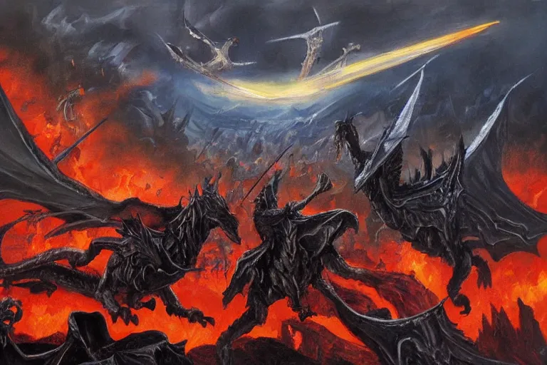 Image similar to oil painting mordor with dragons flying and knights fighting,