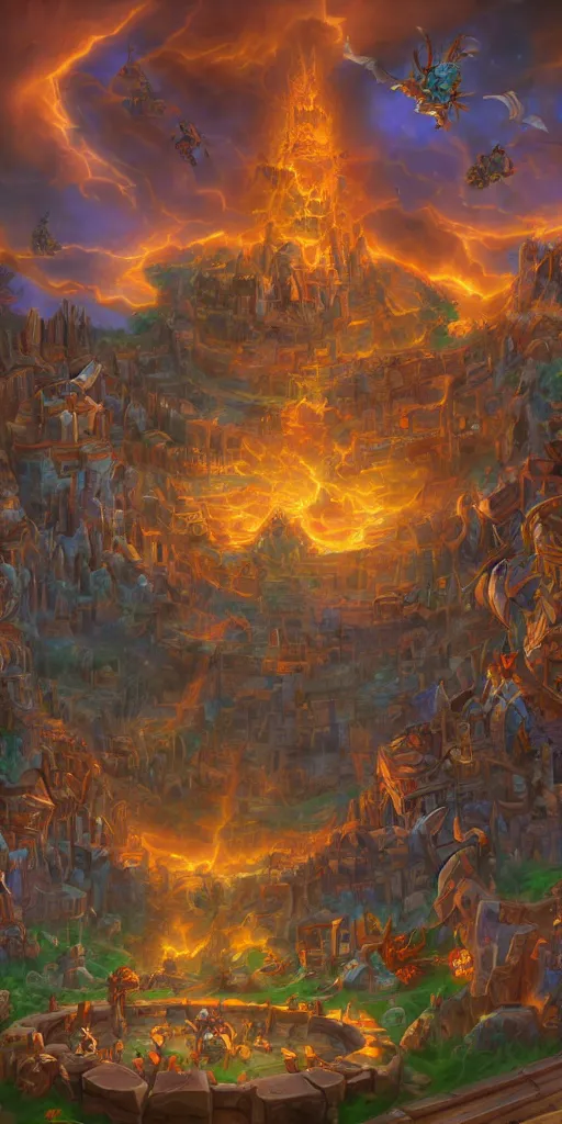 Prompt: hearthstone background, tower of babel, destruction, digital art