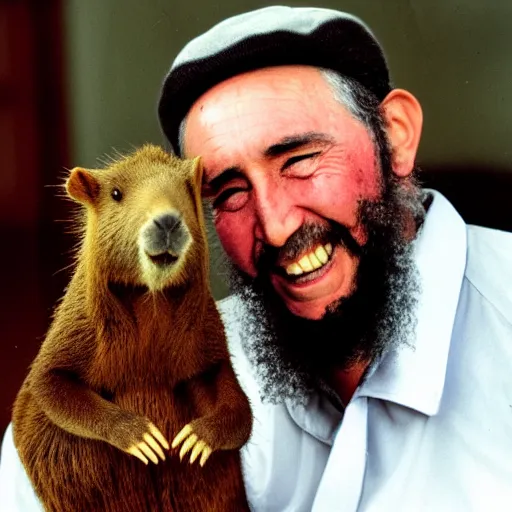 Image similar to photo of Fidel Castro smiling, holding his pet Capybara, 50mm