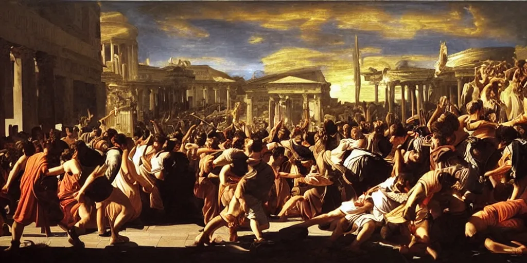 Prompt: beautiful oil matte painting, uprising of people at a greek political forum with fire and smoke, wonderful masterpiece highly detailed, beautiful cinematic light deep focus, elegant, digital painting, smooth, sharp focus, golden ratio, dramatic illumination, ultra realistic, 8 k, art by artemisia lomi gentileschi and caravaggio