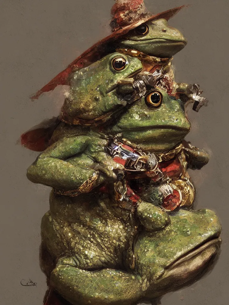 Image similar to Portrait of a medieval humanoid frog dressed in rich clothes and carrying magic trinkets, painted by Craig Mullins, trending on ArtStation