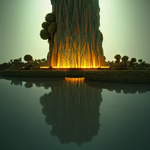 Image similar to monolith in a desert lush vegetation, warm tones, night, water reflection, bioluminescent translucent : : by michal karcz, daniel merriam, victo ngai and guillermo del toro : : ornate, dynamic, particulate, intricate, elegant, highly detailed, centered, artstation, smooth, sharp focus, octane render, 3 d