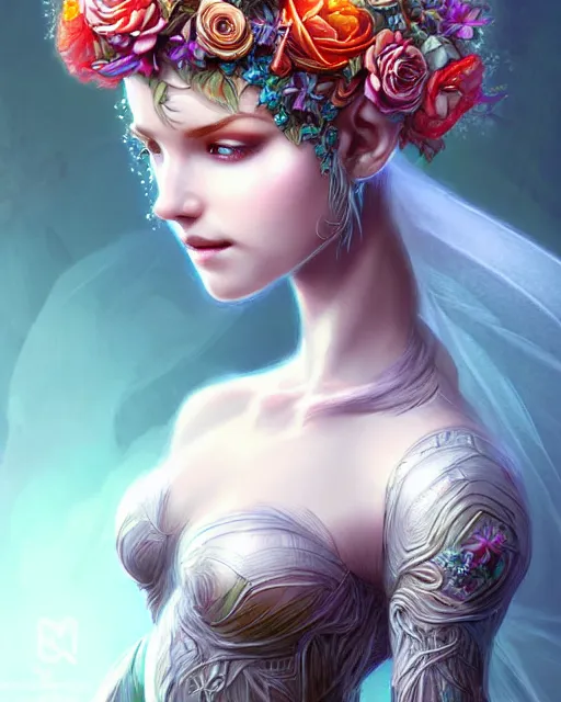 Image similar to digital art, centered head of elven bride with short hair, vivid flower crown ,body made with intricate roots, by James Jean and by artgerm, by ross tran , ultradetailed, charachter design, concept art, trending on artstation,