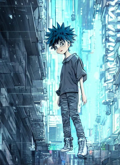 Prompt: Killua walking towards camera, low angle, epic, artstation, cyberpunk, intricate complexity