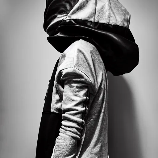 Image similar to fashion photography of an extraterrestrial model, wearing futuristic hip - hop streetwear fashion, inside berghain, berlin fashion, futuristic fashion, photo 3 5 mm leica, hyperdetail, hoodie, 8 k, very detailed, black and white