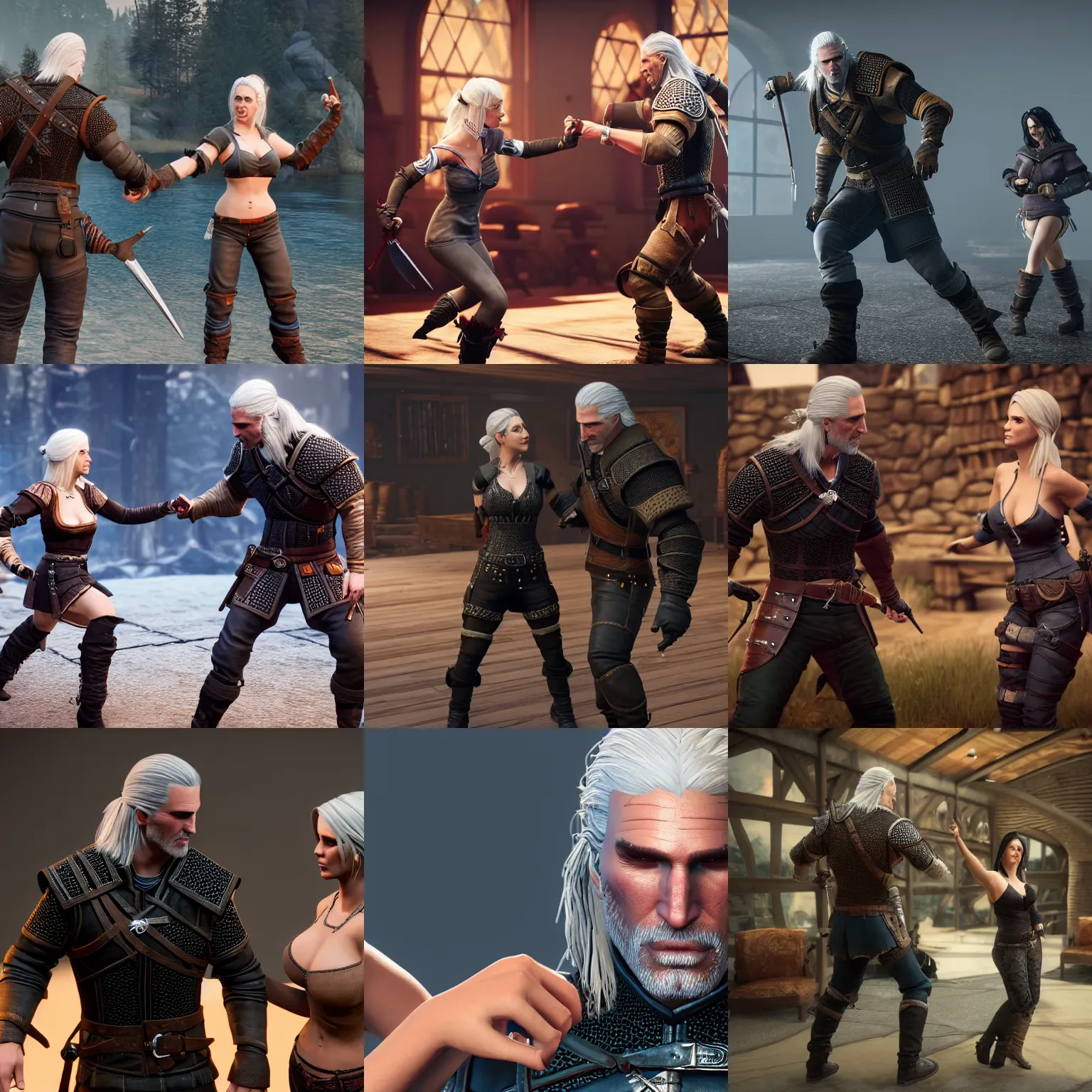 Prompt: geralt of rivia dancing with trish merigold, unreal engine 5, highly detailed, highly accurate