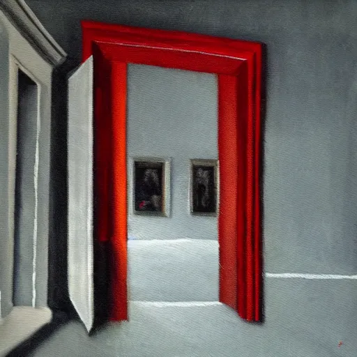 Prompt: a haunting painting in a bright red frame