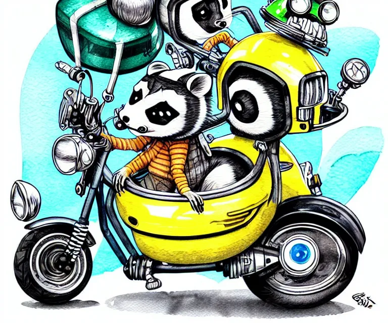 Image similar to cute and funny, racoon wearing a helmet riding in a tiny sport motorcycle with oversized engine, ratfink style by ed roth, centered award winning watercolor pen illustration, isometric illustration by chihiro iwasaki, edited by range murata