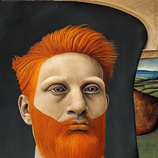 Image similar to a painting of a man with orange hair, a surrealist painting by andrea mantegna, featured on behance, renaissance, da vinci, pre - raphaelite, surrealist