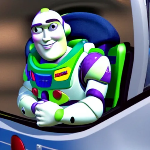 Prompt: a photograph of buzz lightyear in the Back of a police car