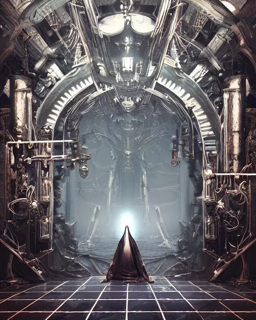 Prompt: a dark sci fi matte painting portrait of a a metallic skeleton priest surrounded by huge metal mandalas and ornate metal, art deco shapes, cinematic lighting, rim light smooth, dark sci fi, unreal engine, octane render, by blizzard studios, golden rule, subject in center of frame, fog volumes, vivid color glow, cgsociety