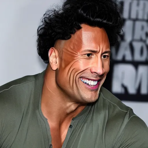 Prompt: dwayne johnson with a curly green wig, twirling his hair and laughing hysterically