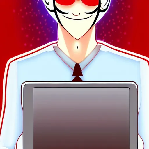 Image similar to a demon programmer gentleman ~ using a laptop ~ evil smile ~ lava background ~ digital art ~ two horns ~