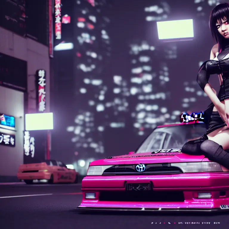 Image similar to toyota jzx 1 0 0 drift, detailed - wheels, shibuya prefecture, cyberpunk female supermodel in front, cinematic lighting, photorealistic, night photography, octane render