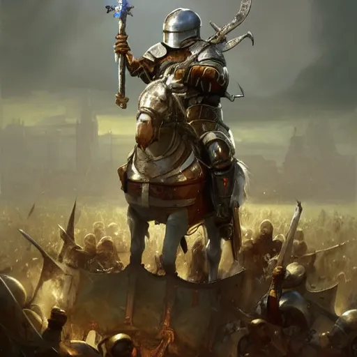 Image similar to joe biden in medieval plate armor holding a greatsword standing on top of piles of slain enemy footsoldiers, epic fanart, volumetric lighting, oil painting, highly detailed, wide view, sharp focus, painting by daniel gerhartz, alphonse murac, detailed art, artstation