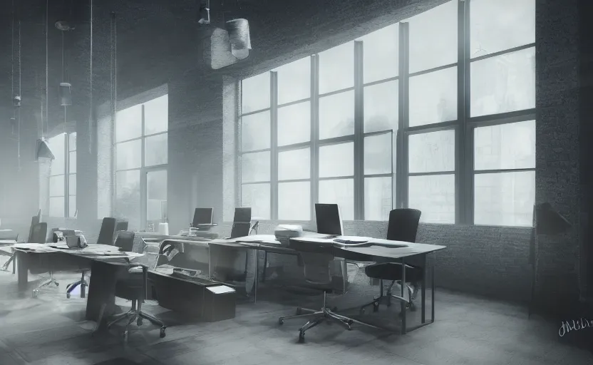 Prompt: magical mystical modern office, gloomy and foggy atmosphere, octane render, rembrandt, cgsociety, artstation trending, horror scene, highly detailded