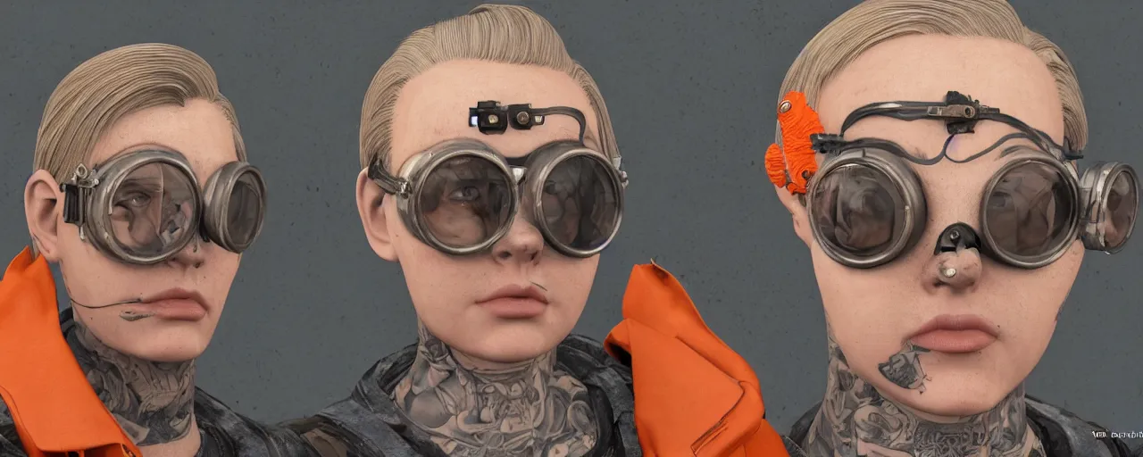 Prompt: character concept art 3 / 4 portrait of tattooed stoic heroic emotionless butch blonde woman engineer with short slicked - back hair, wearing dark victorian goggles, wearing orange bandana around neck, working inside reactor room, awkward and uncomfortable and anxious, dirty, ron cobb. industrial space program, scifi, hyper detailed. octane render. trending on artstation