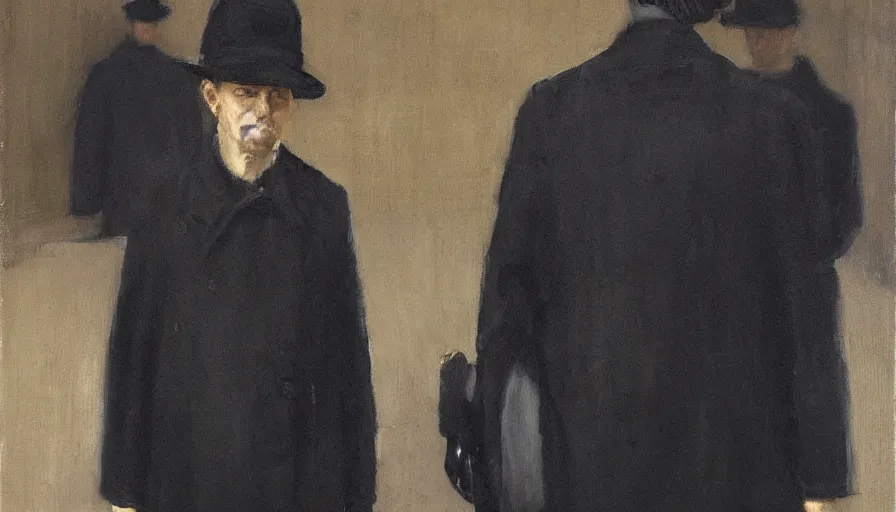 Image similar to painting by borremans, man agent in a black coat and black hat, detailed, stunning