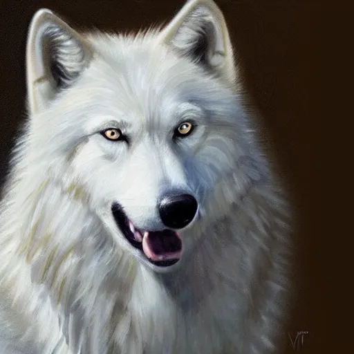 Image similar to A portrait of a white wolf wearing a crown, oil painting, award winning masterpiece, artstation